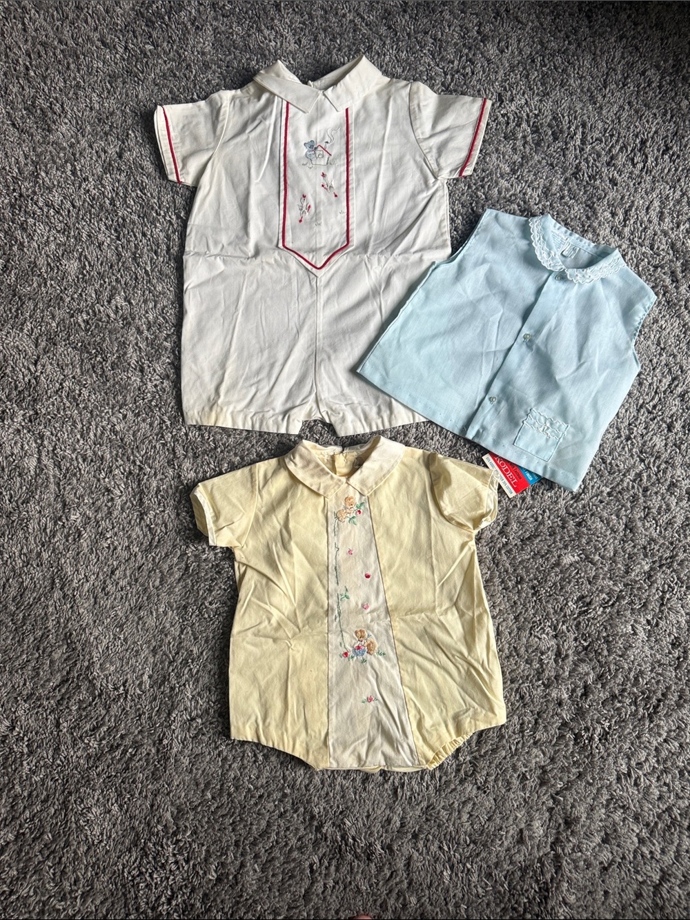 Three-Piece Kids One-Piece Set in White, Light Blue, and Pale Yellow Vintage